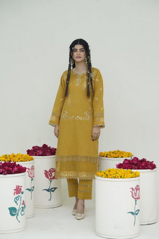 2 Piece Embroidered Lawn Cambric Suit | SS-2202-Golden