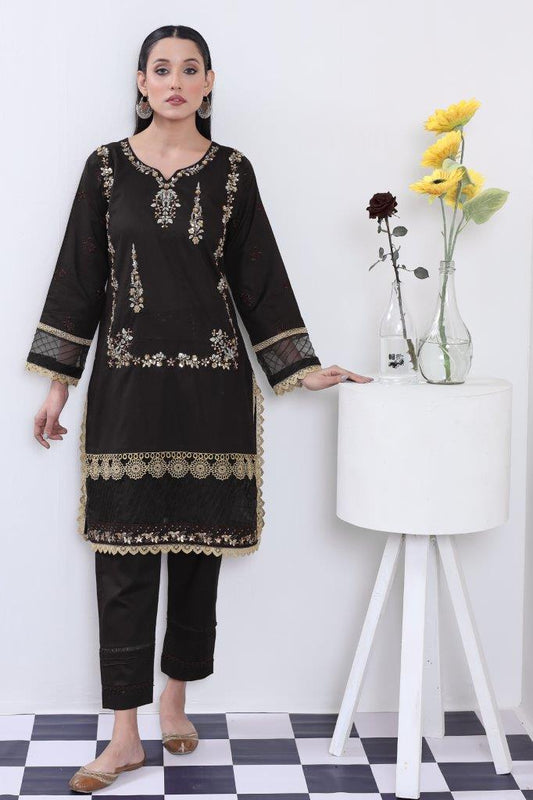 2 Piece Embroidered Lawn Cambric Suit | SS-2202-Black