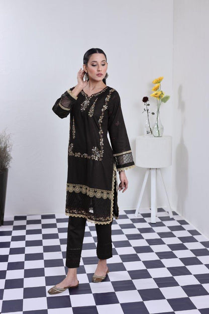 2 Piece Embroidered Lawn Cambric Suit | SS-2202-Black