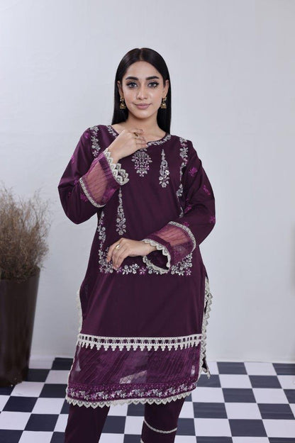 2 Piece Embroidered Lawn Cambric Suit | SS-2202-Purple