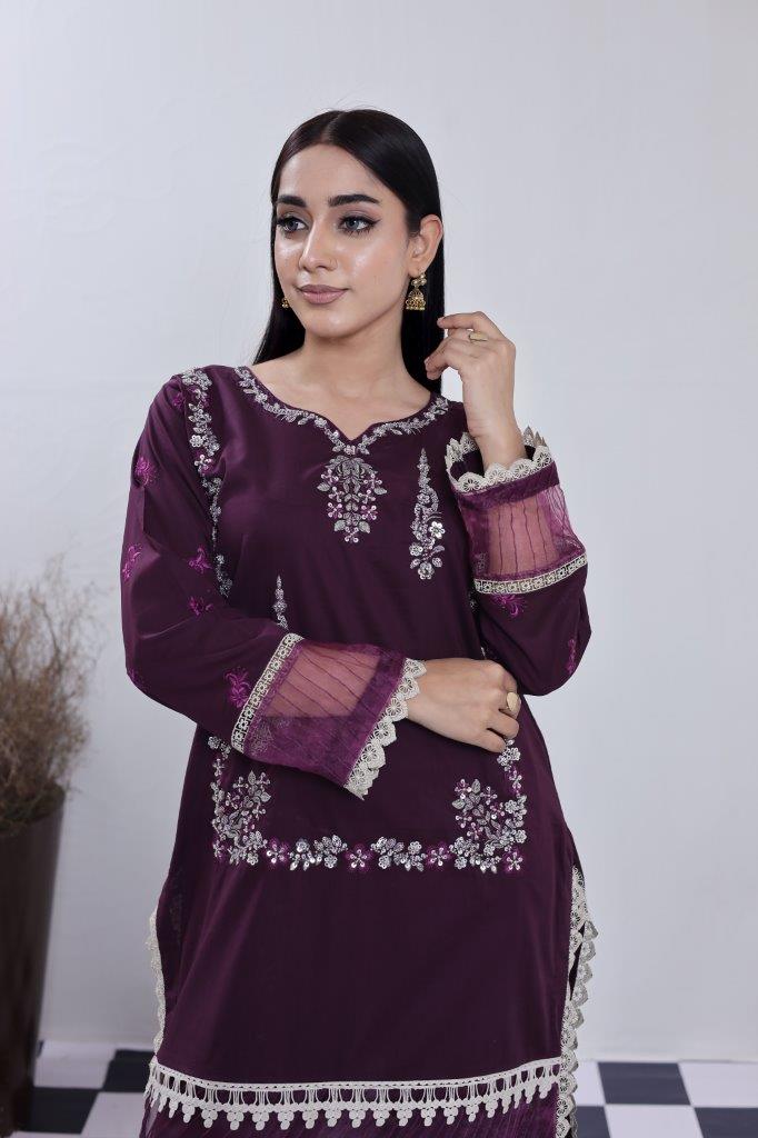 2 Piece Embroidered Lawn Cambric Suit | SS-2202-Purple