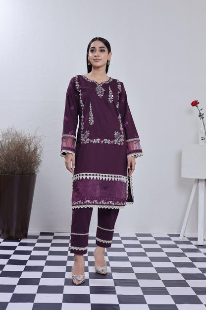 2 Piece Embroidered Lawn Cambric Suit | SS-2202-Purple