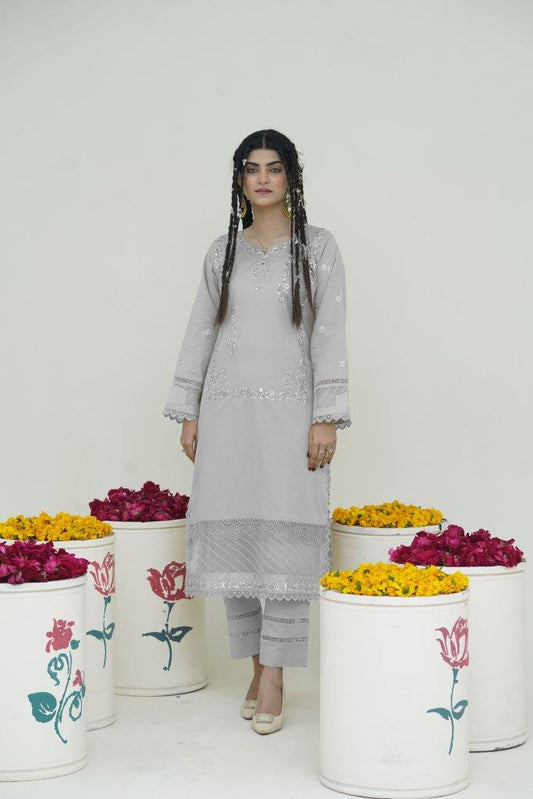 2 Piece Embroidered Lawn Cambric Suit | SS-2202-Silver Grey