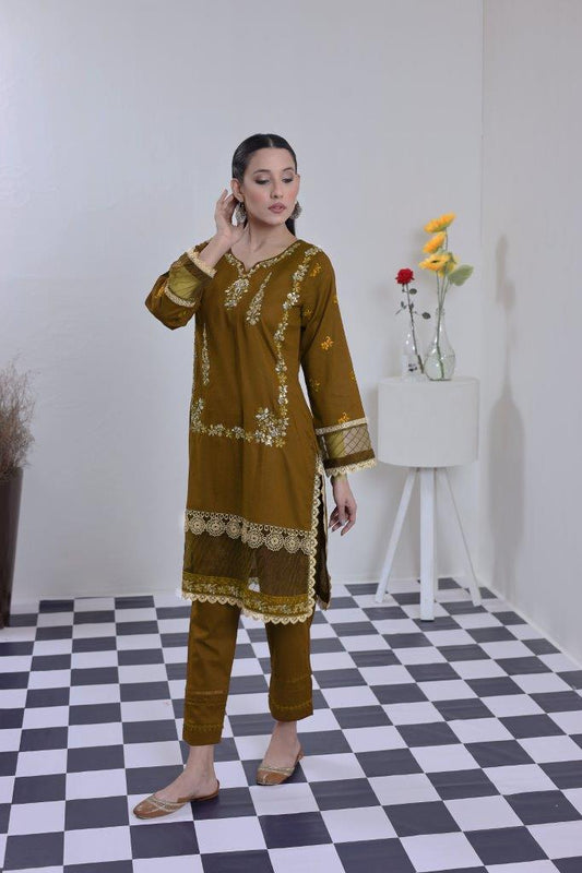 2 Piece Embroidered Lawn Cambric Suit | SS-2202-Brown Ochre