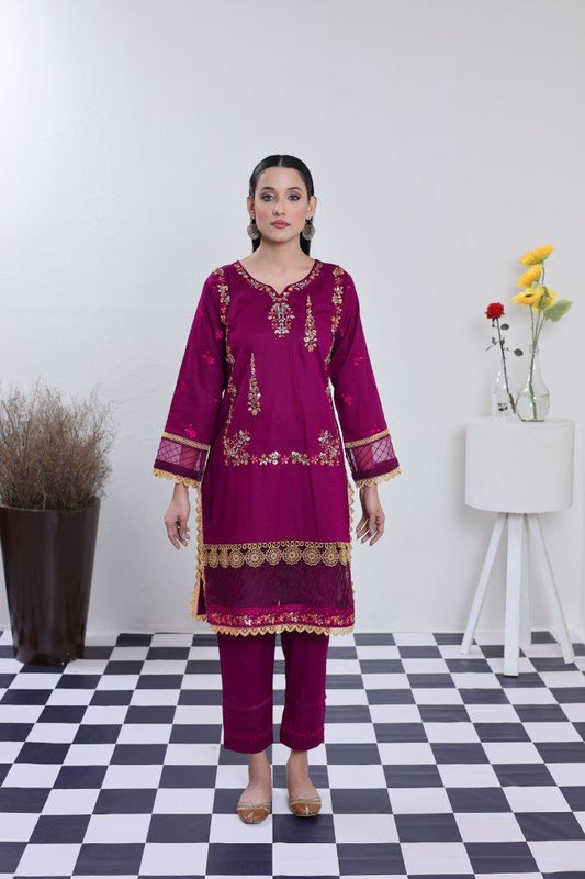 2 Piece Embroidered Lawn Cambric Suit | SS-2202-Crimson