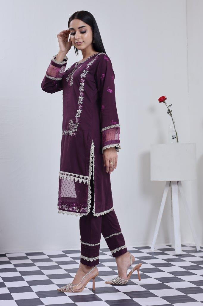 2 Piece Embroidered Lawn Cambric Suit | SS-2202-Purple