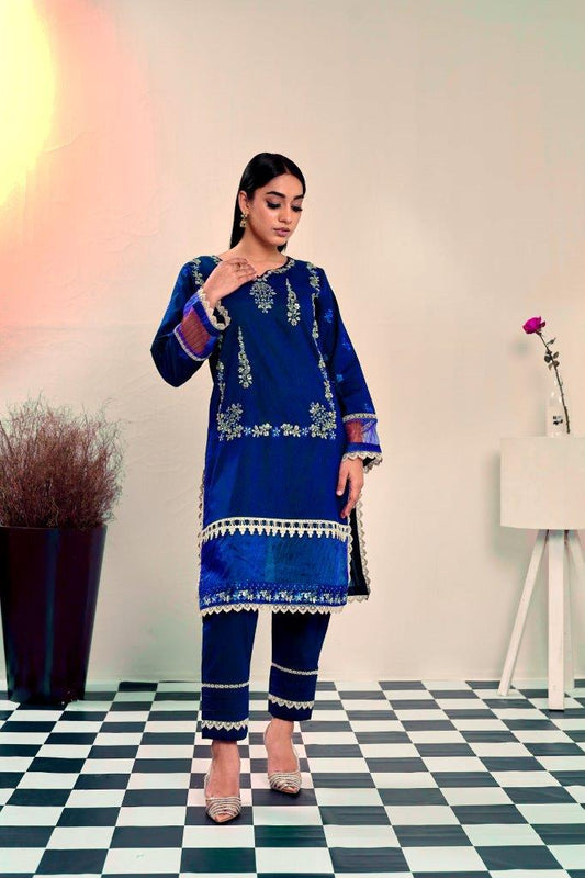 2 Piece Embroidered Lawn Cambric Suit | SS-2202-Ink Blue