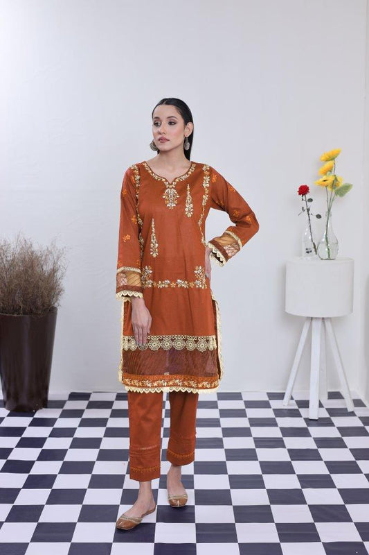 2 Piece Embroidered Lawn Cambric Suit | SS-2202-Shock Orange