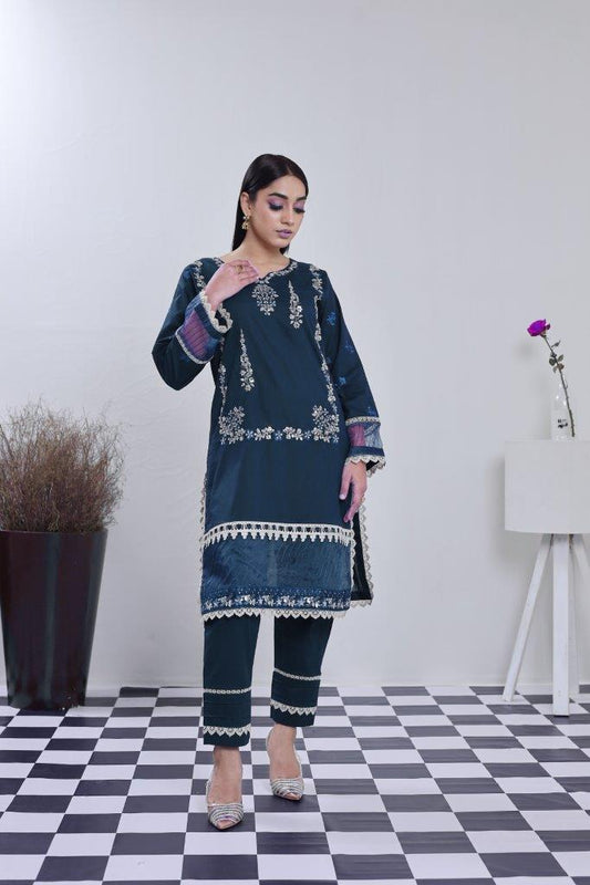 2 Piece Embroidered Lawn Cambric Suit | SS-2202-Zinc Blue