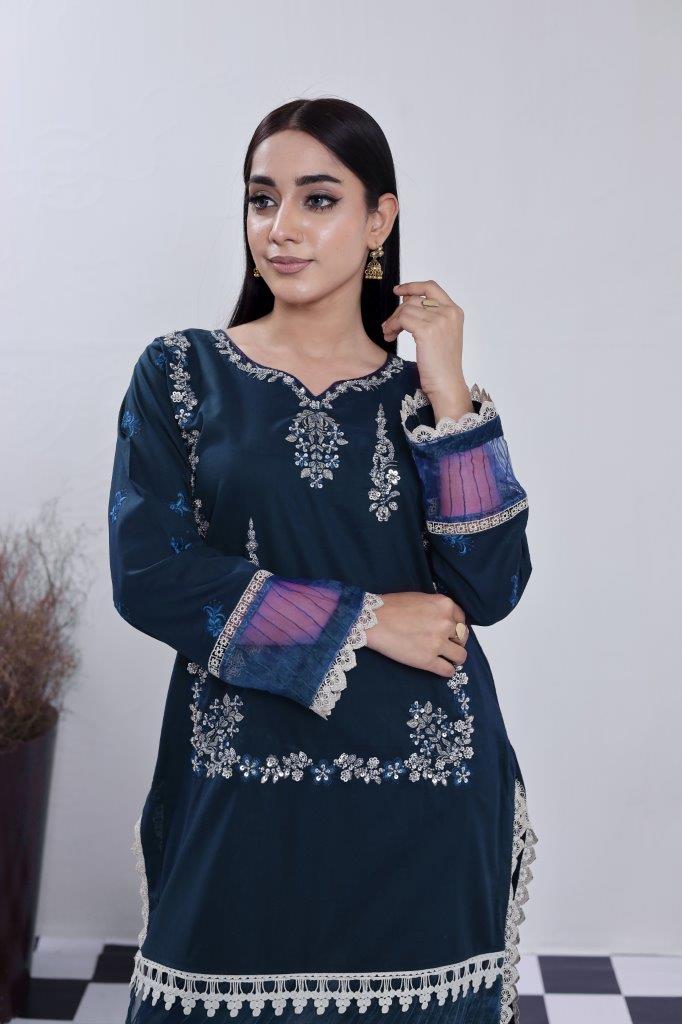 2 Piece Embroidered Lawn Cambric Suit | SS-2202-Zinc Blue