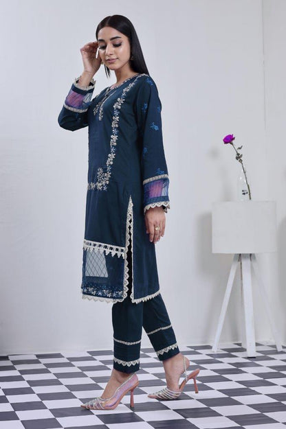 2 Piece Embroidered Lawn Cambric Suit | SS-2202-Zinc Blue