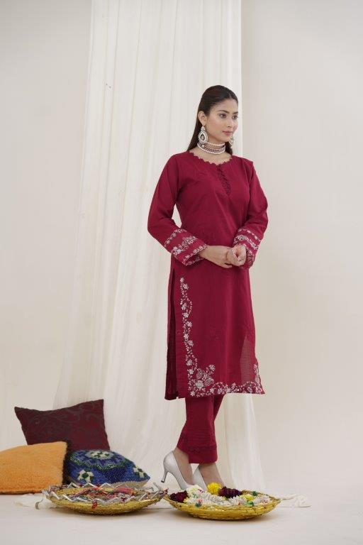 2 Piece Embroidered Lawn Cambric Suit | SS-2214-Light Carmine