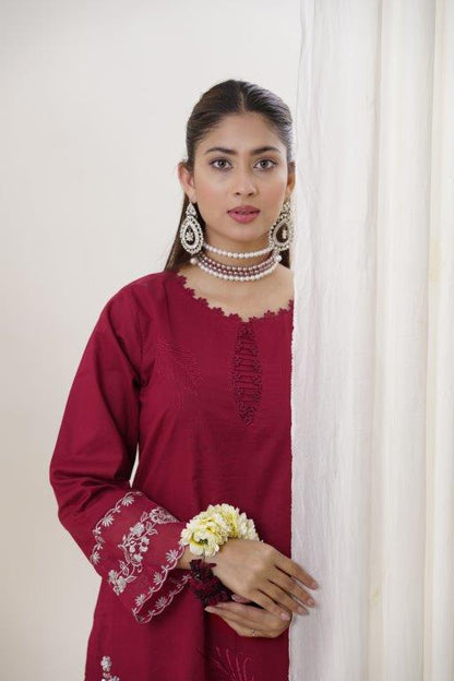 2 Piece Embroidered Lawn Cambric Suit | SS-2214-Light Carmine