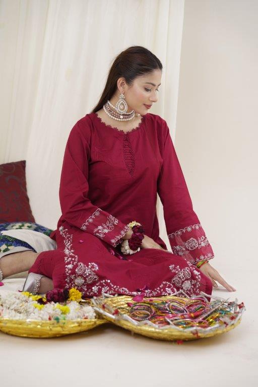 2 Piece Embroidered Lawn Cambric Suit | SS-2214-Light Carmine