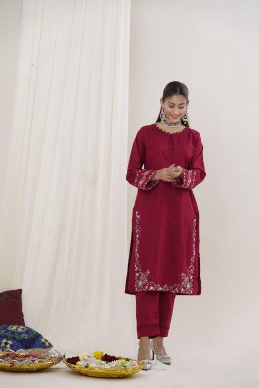 2 Piece Embroidered Lawn Cambric Suit | SS-2214-Light Carmine