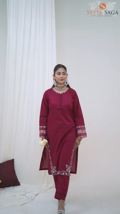 2 Piece Embroidered Lawn Cambric Suit | SS-2214-Light Carmine